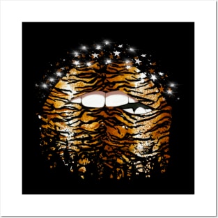 Sparks Black and Gold Tiger pattern Lip Biting Design Posters and Art